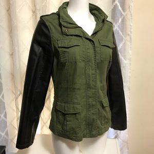 Army Green Utility Jacket with Black Faux Leather Sleeves